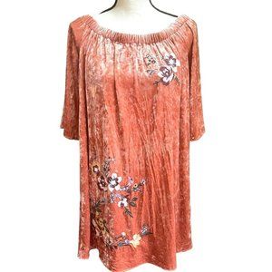 Blu Pepper Orange Multi Floral Velvet Embroidered Mini Dress Bohemian Size L NEW